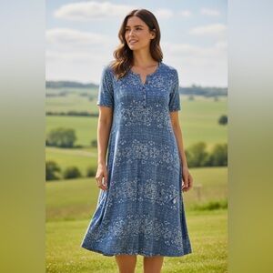 Ralph Lauren 100% Cotton Shift Comfort Midi Dress 2X Blue Short Sleeve Button